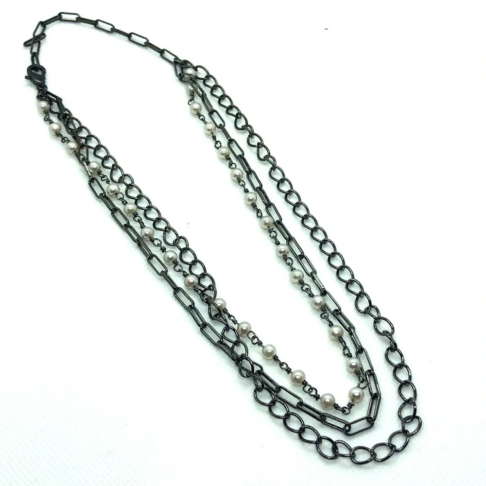 Messy Layered Pearl Necklace Gunmetal Black Rhodium Plated Sterling Silver - Picture 6 of 8